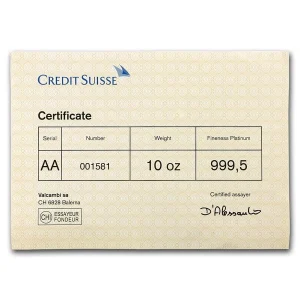 10 oz platinum bar credit suisse 9995 fine w assay 88221 Rev