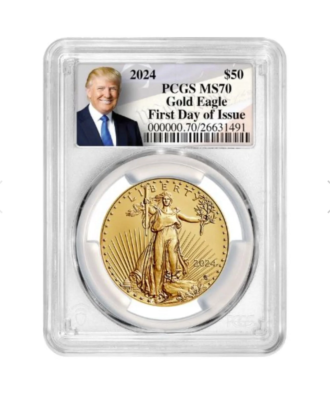 PCGS MS-70 First Day of Issue 2024 1 oz American Gold Eagle Coin – Exclusive Trump Constitution Label